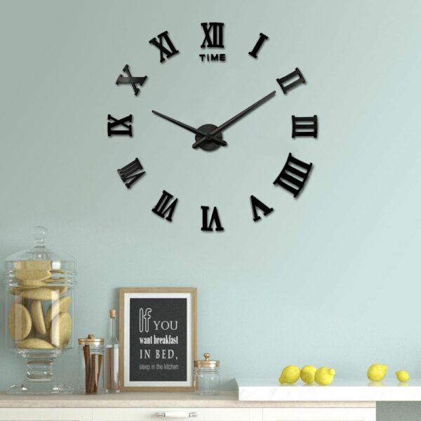 DIY 3D Wall Clock Roman Numerals Large Mirror Surface Luxury Big Art Clock – Black